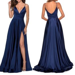 La Femme Strappy Back Satin Ballgown